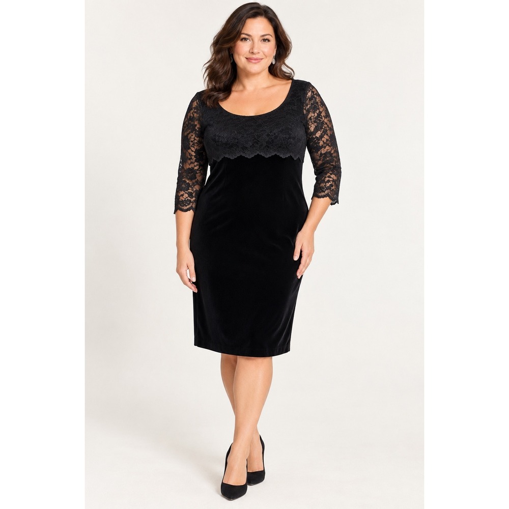 Alex Evenings Lace Velvet Sheath Dress Women 14P Black Excellent 3/4 Sleeve